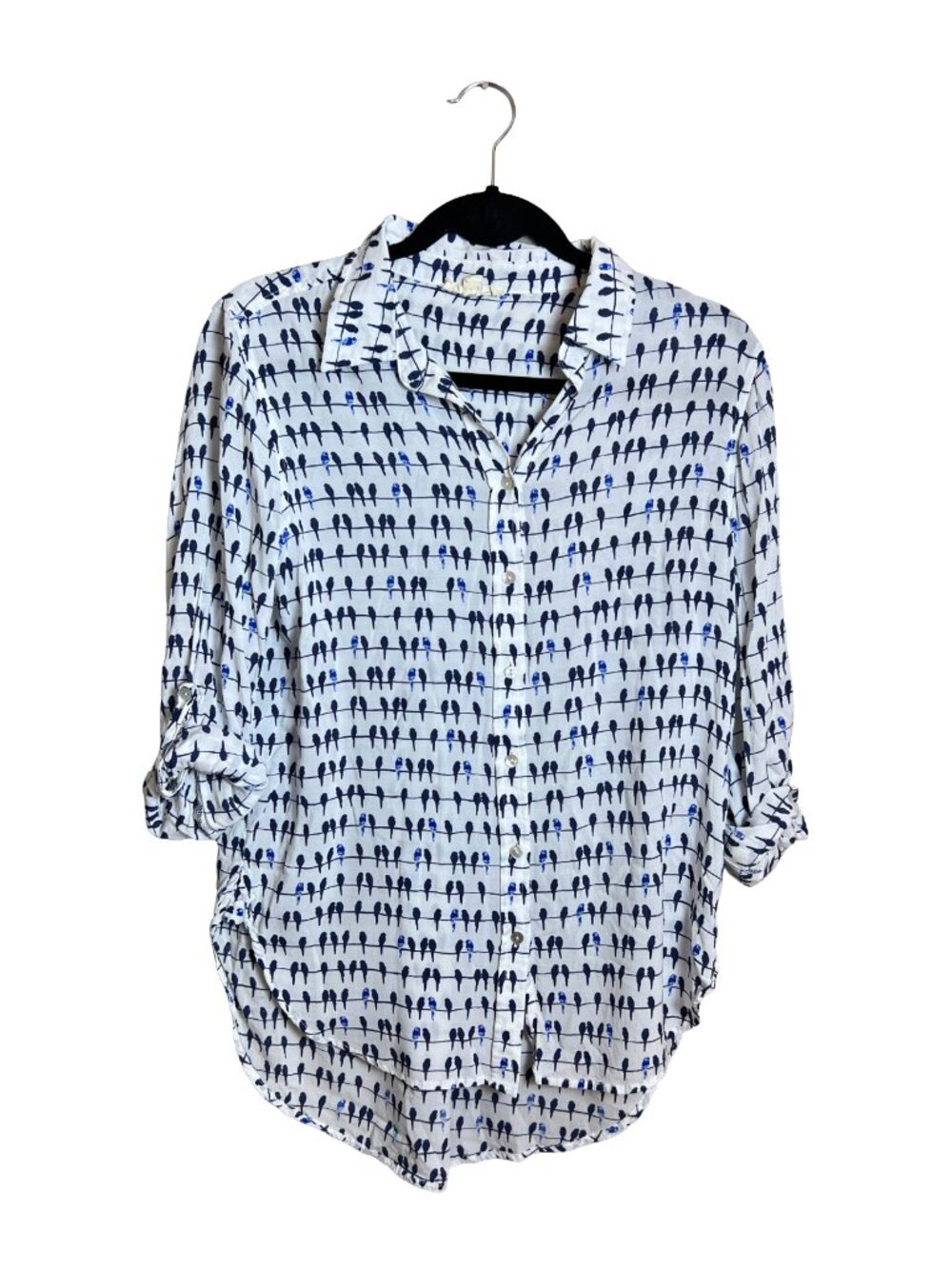 Jane and Delancey Bird Print Button Down Top S White Blue